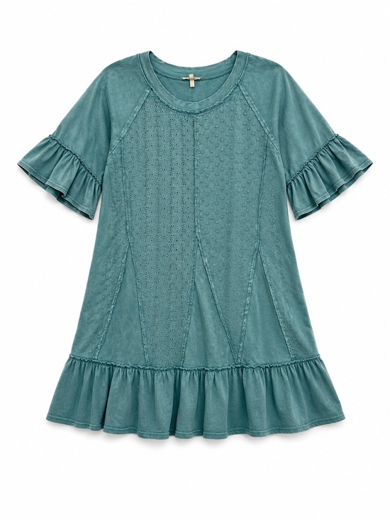 easel Dresses & Skirts - Easel Washed Teal Eyelet Ruffle Sleeve Dress